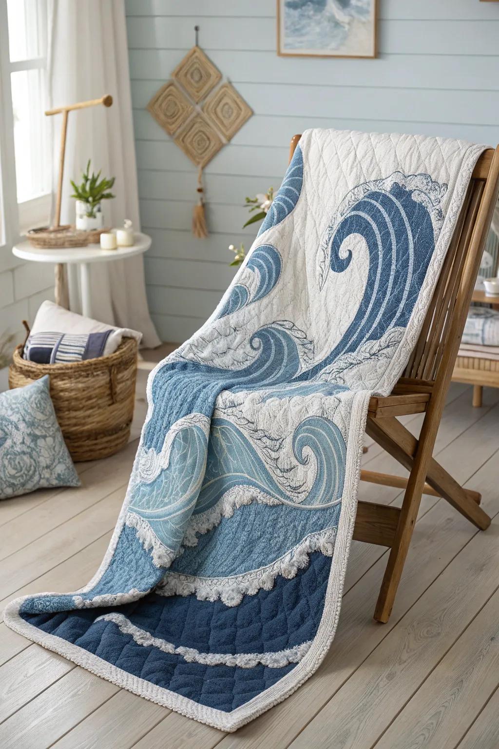 Embrace the serenity of the sea with this ocean waves quilt, perfect for a tranquil escape.