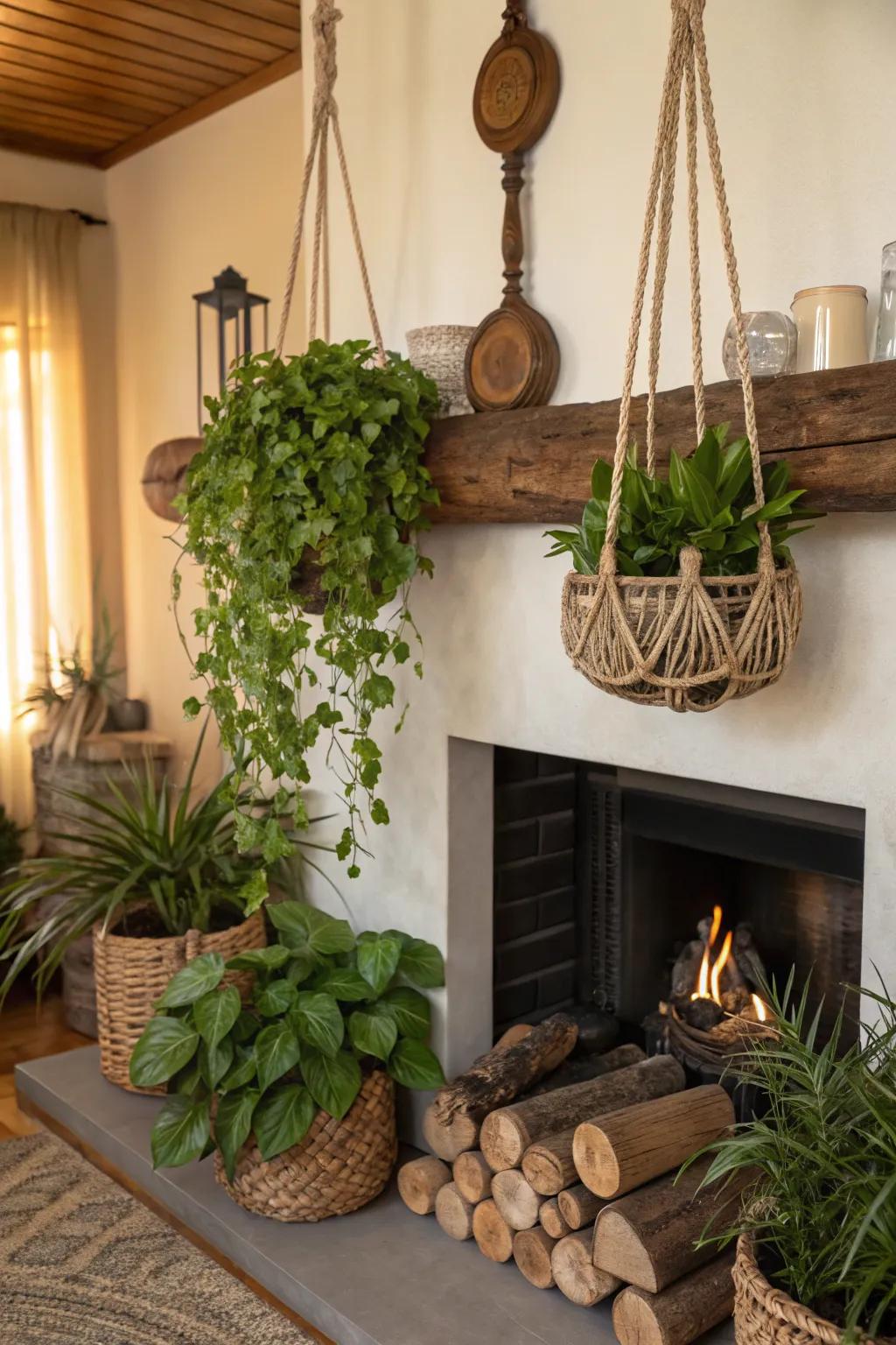 A bohemian-style fireplace featuring hanging planters, adding vertical greenery.