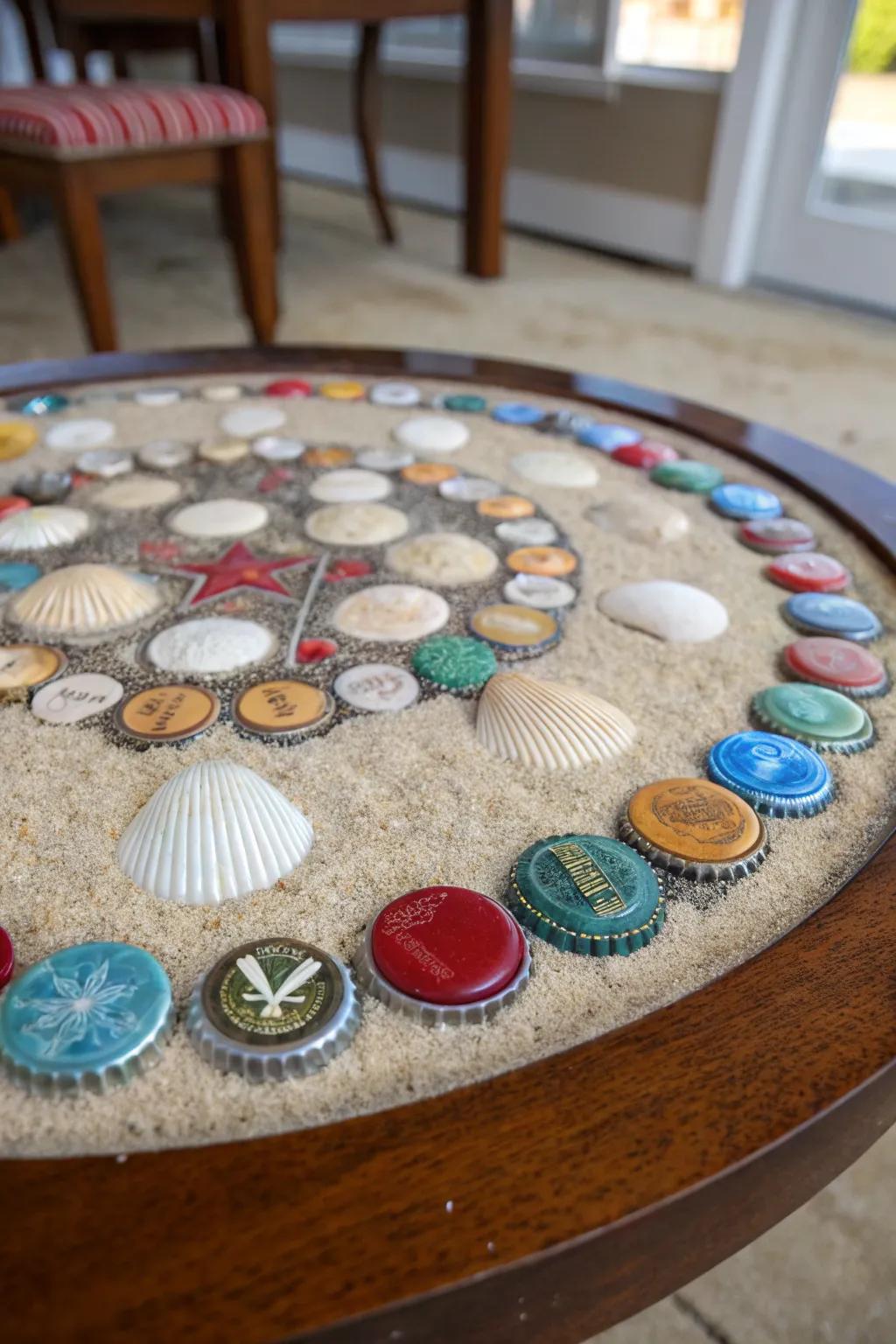 Capture the essence of summer with this stunning beach-inspired epoxy table, where bottle caps meet seashells for a touch of coastal charm.