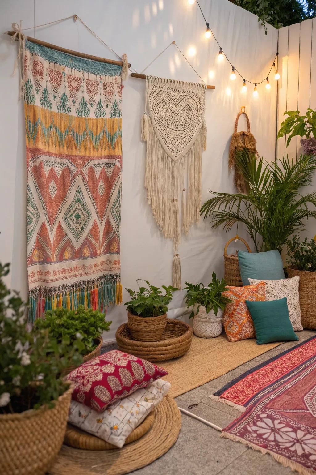 Artistic boho backdrop with macrame and textiles