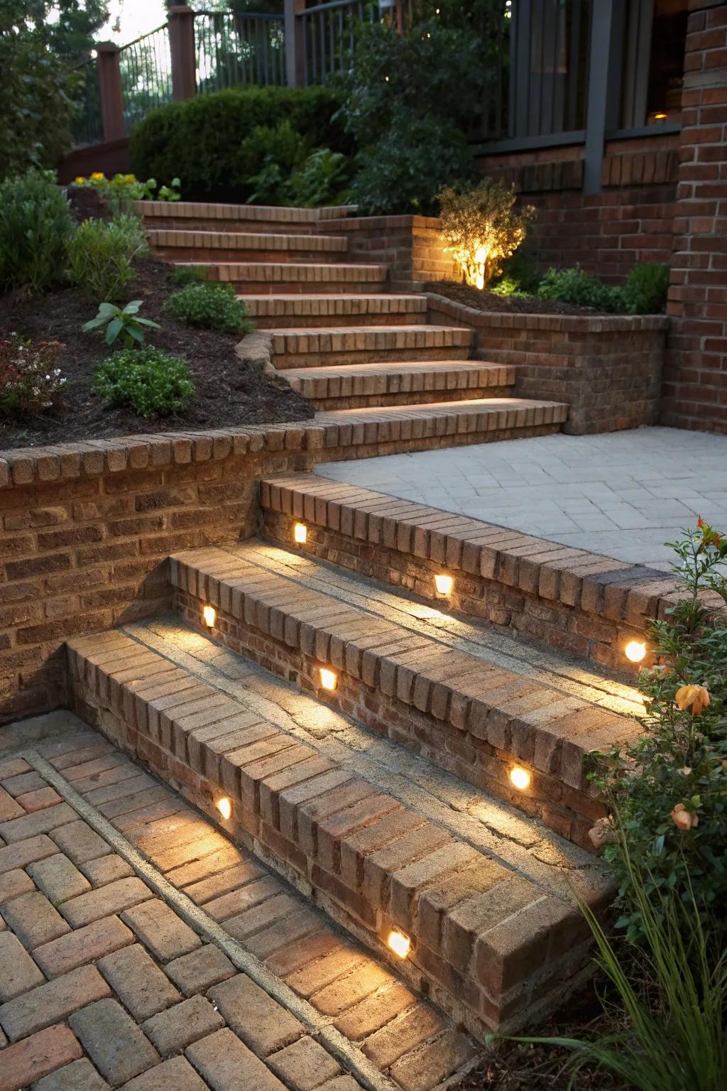 Illuminate your pathway to elegance with recessed lighting in brick garden steps.