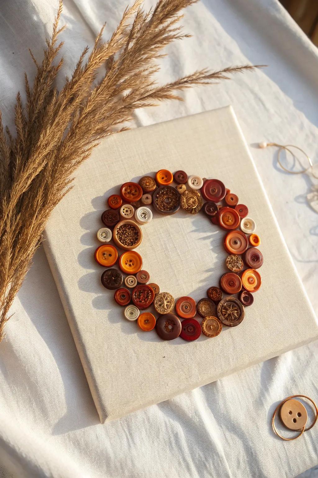 Embrace the season with this charming autumn button wreath—where simplicity meets natural beauty.