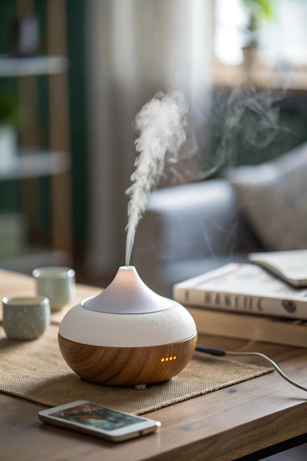 A diffuser filling the room with calming scents.