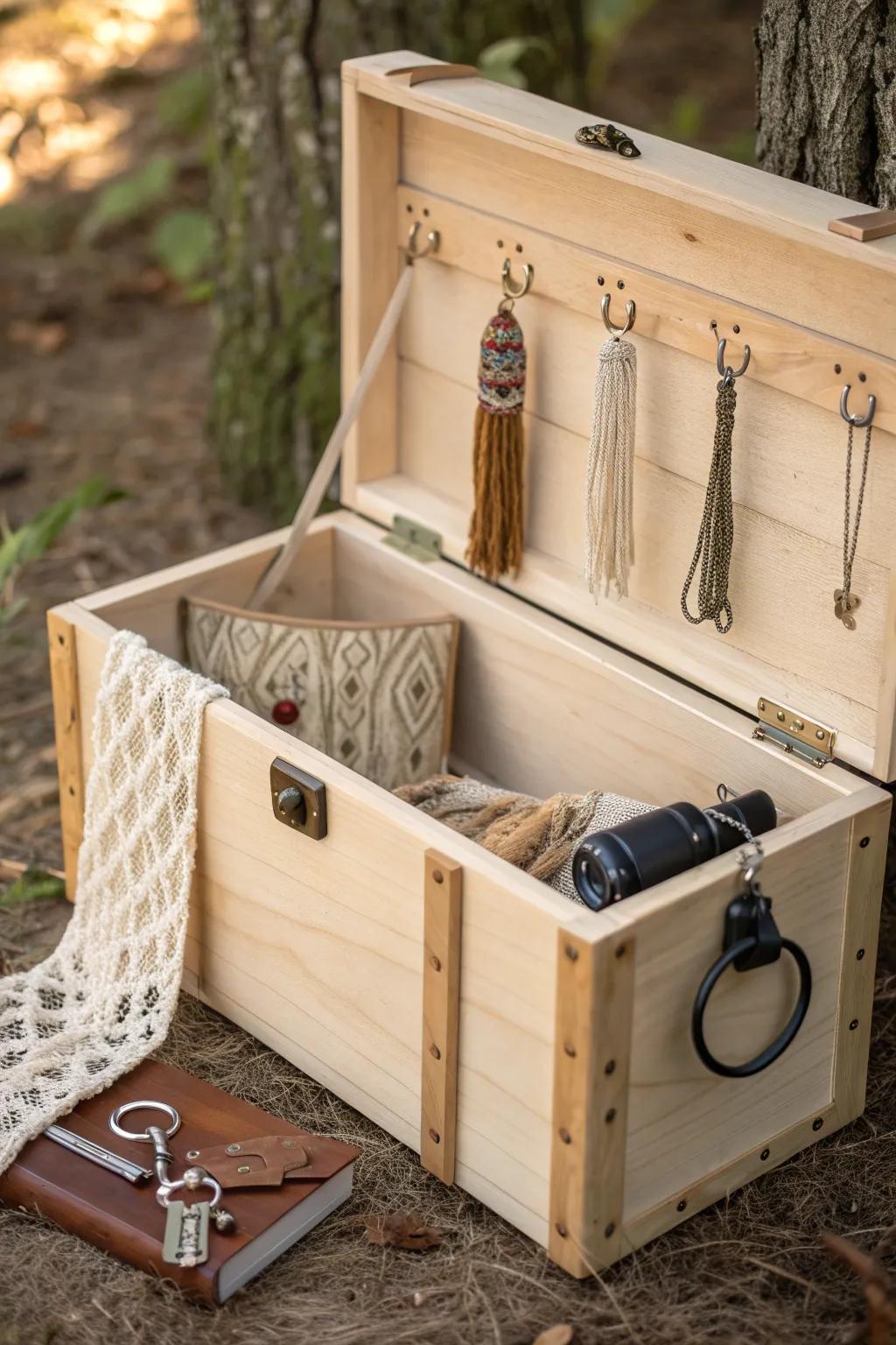 Add a touch of elegance to your camp trunk with mini hooks for effortless organization and style.