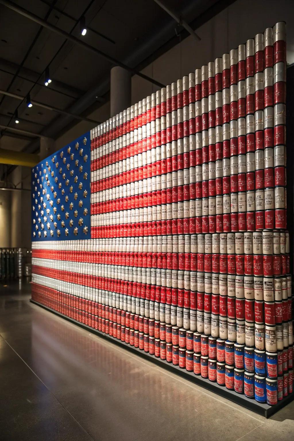 A stunning tribute to patriotism, crafted with precision and creativity. #Canstruction #AmericanFlagArt