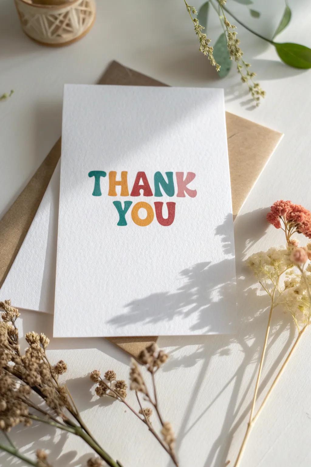 Express gratitude with simplicity and style through a vibrant, handcrafted 'Thank You' card.