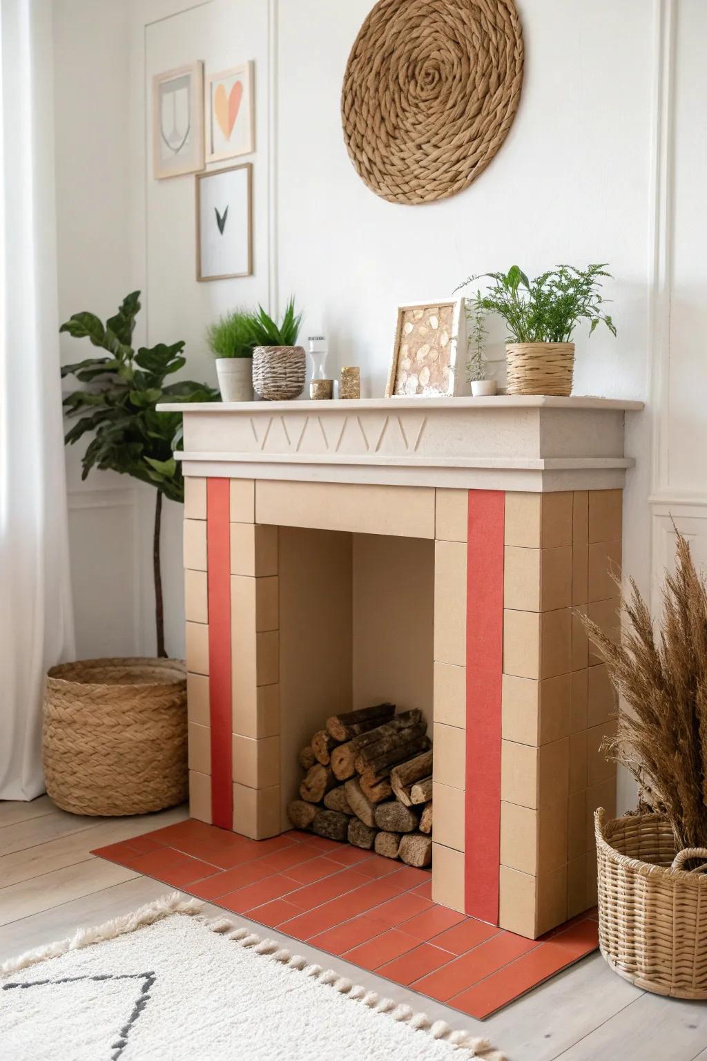 Transform your space with a cozy cardboard faux fireplace, where minimalist charm meets boho warmth.