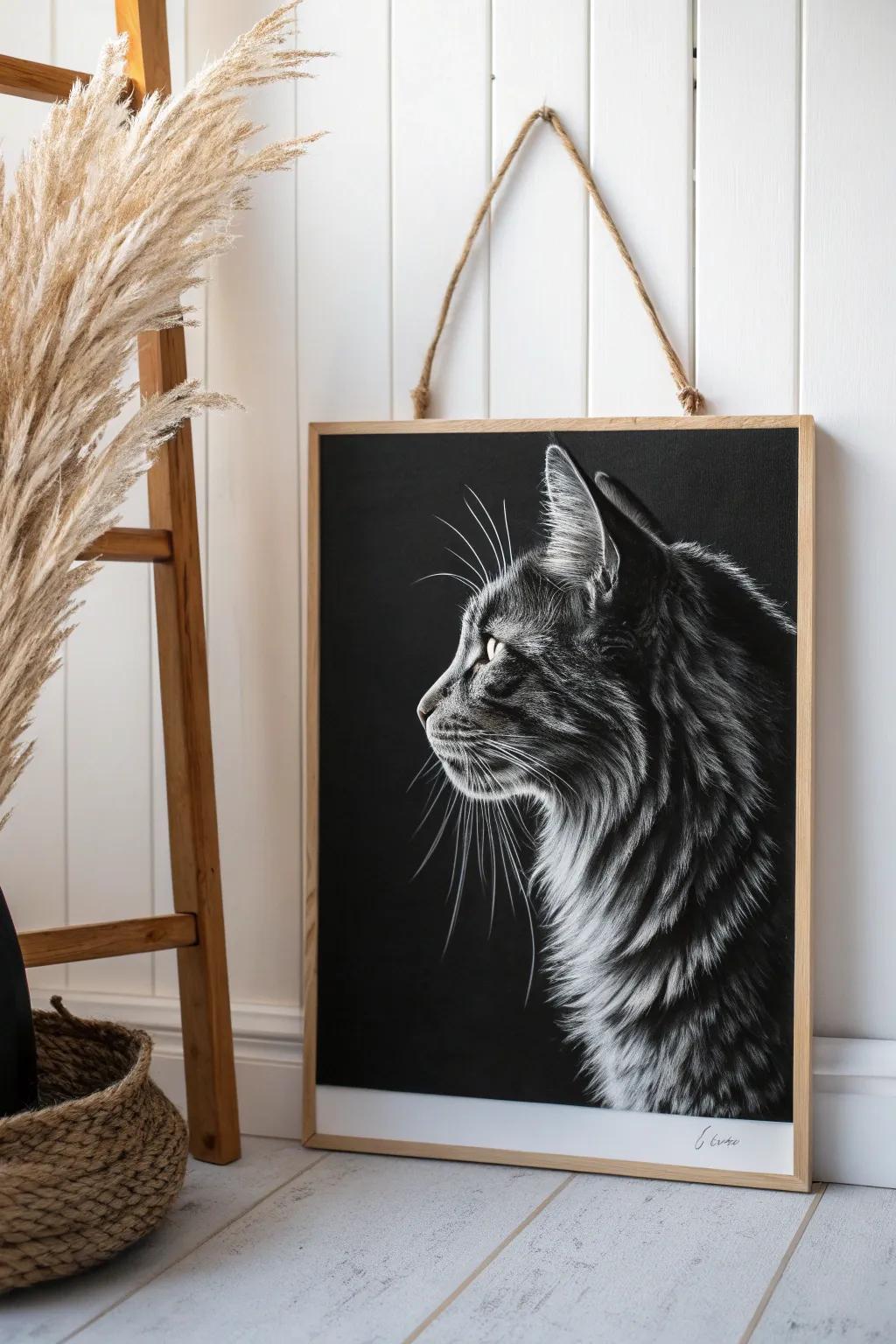 Discover the elegance of monochrome: a minimalist cat painting that captures the essence of simplicity and artistry.