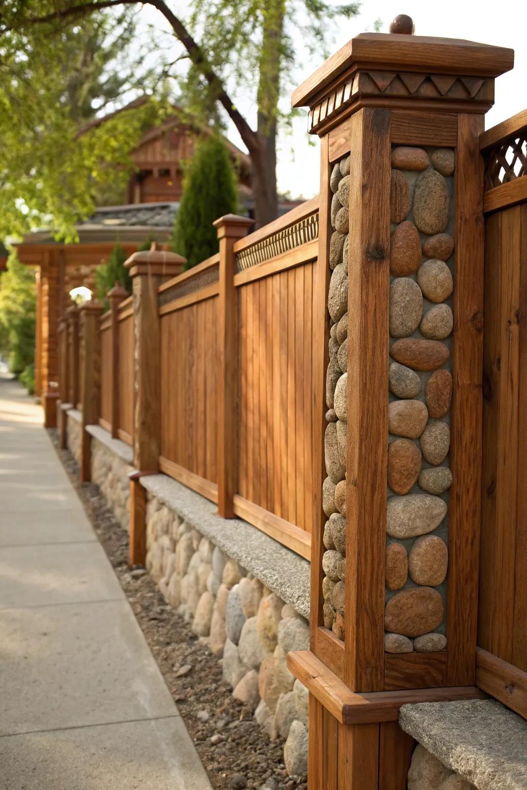 Elevate your space with the timeless combination of cedar and stone for a fence that's both rustic and refined.