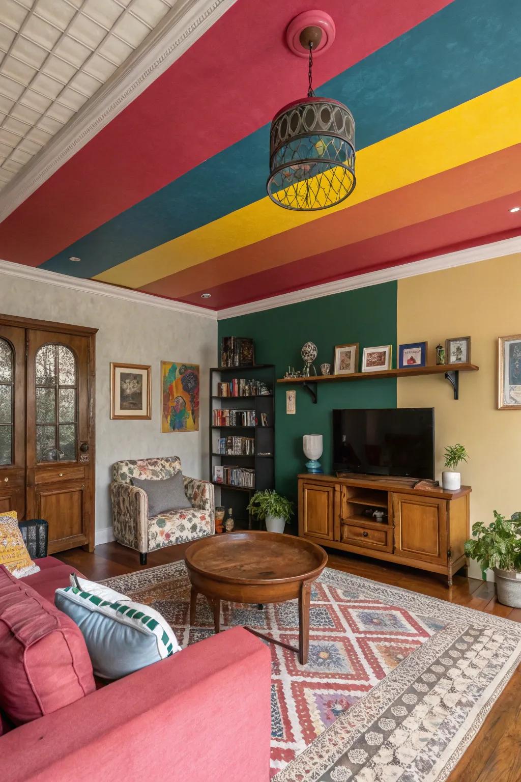 Bold colors on the ceiling create a dramatic and lively atmosphere.