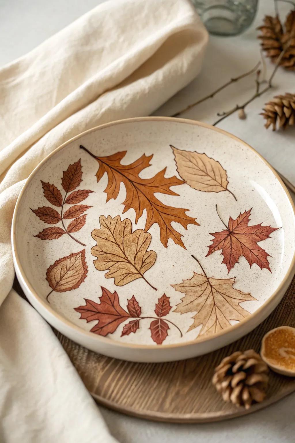Embrace autumn with this exquisite ceramic platter, where minimalist design meets the warmth of fall foliage.