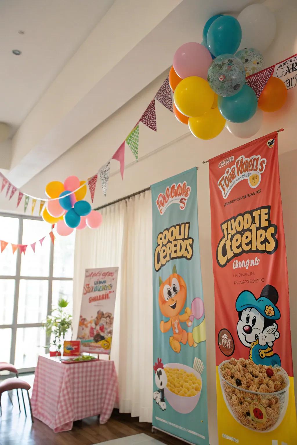 Room decorated with cereal-themed banners and colorful balloons.