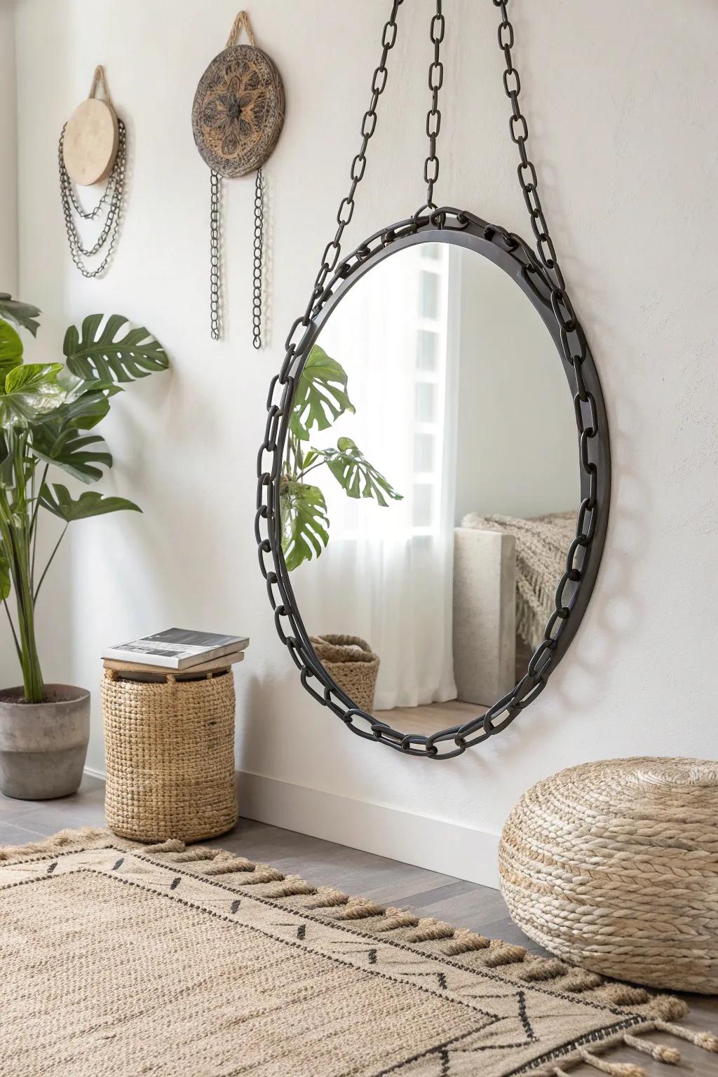 Elevate your space: Transform ordinary mirrors into stunning centerpieces with industrial chain frames.