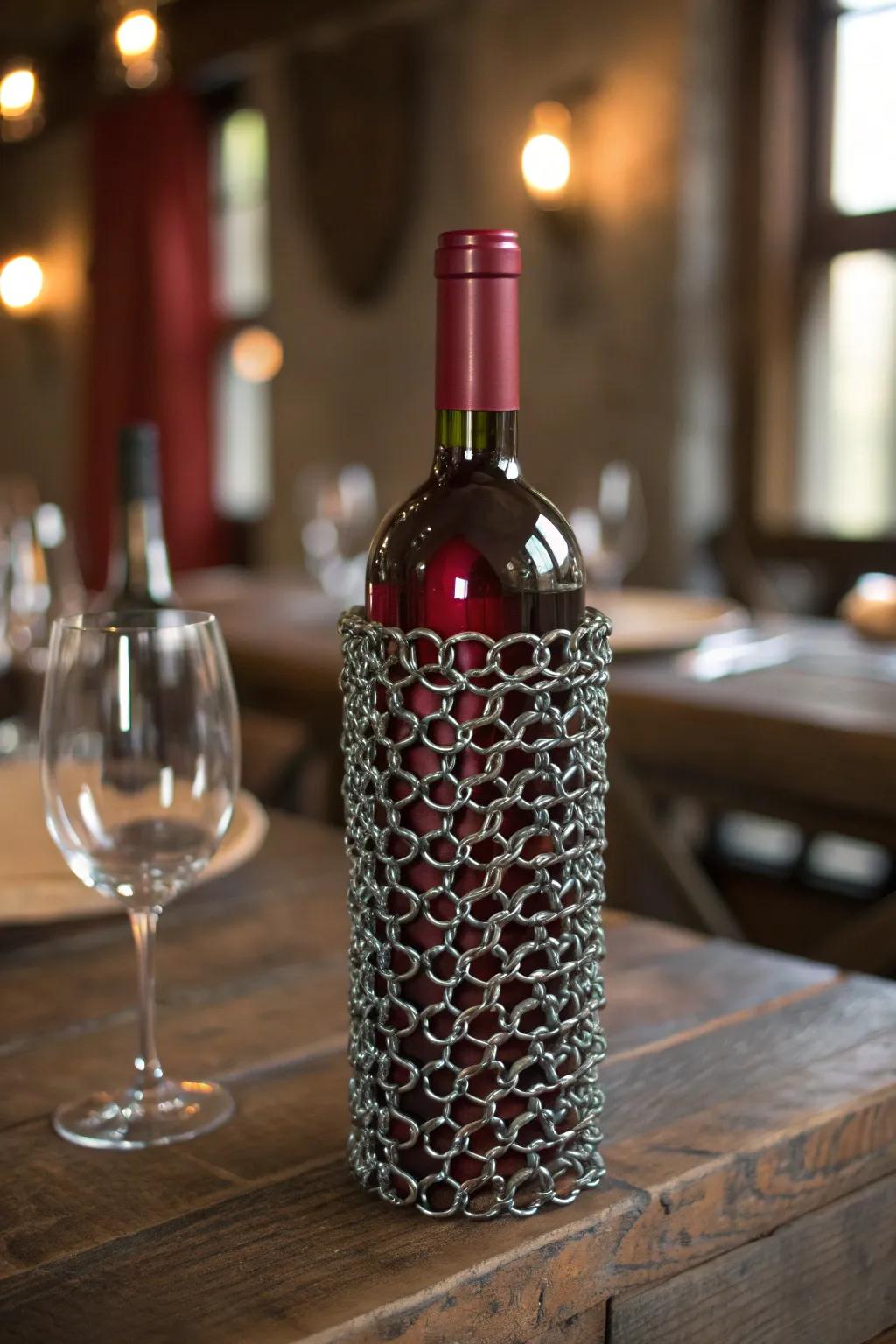 Elevate your wine display with the timeless elegance of a handcrafted chainmail bottle holder.