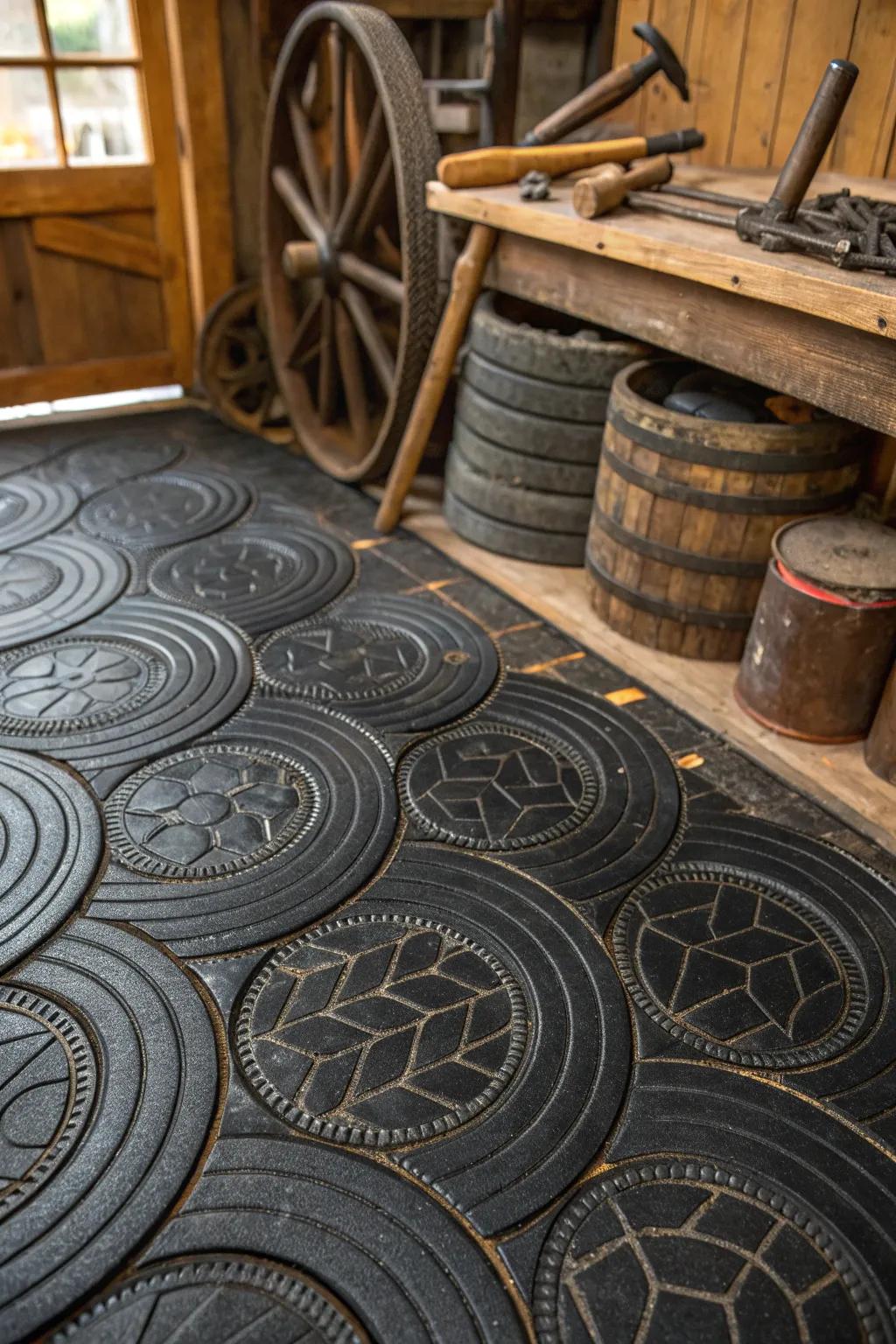 Revamp your space with resilient rubber tire flooring—where durability meets distinctive style.
