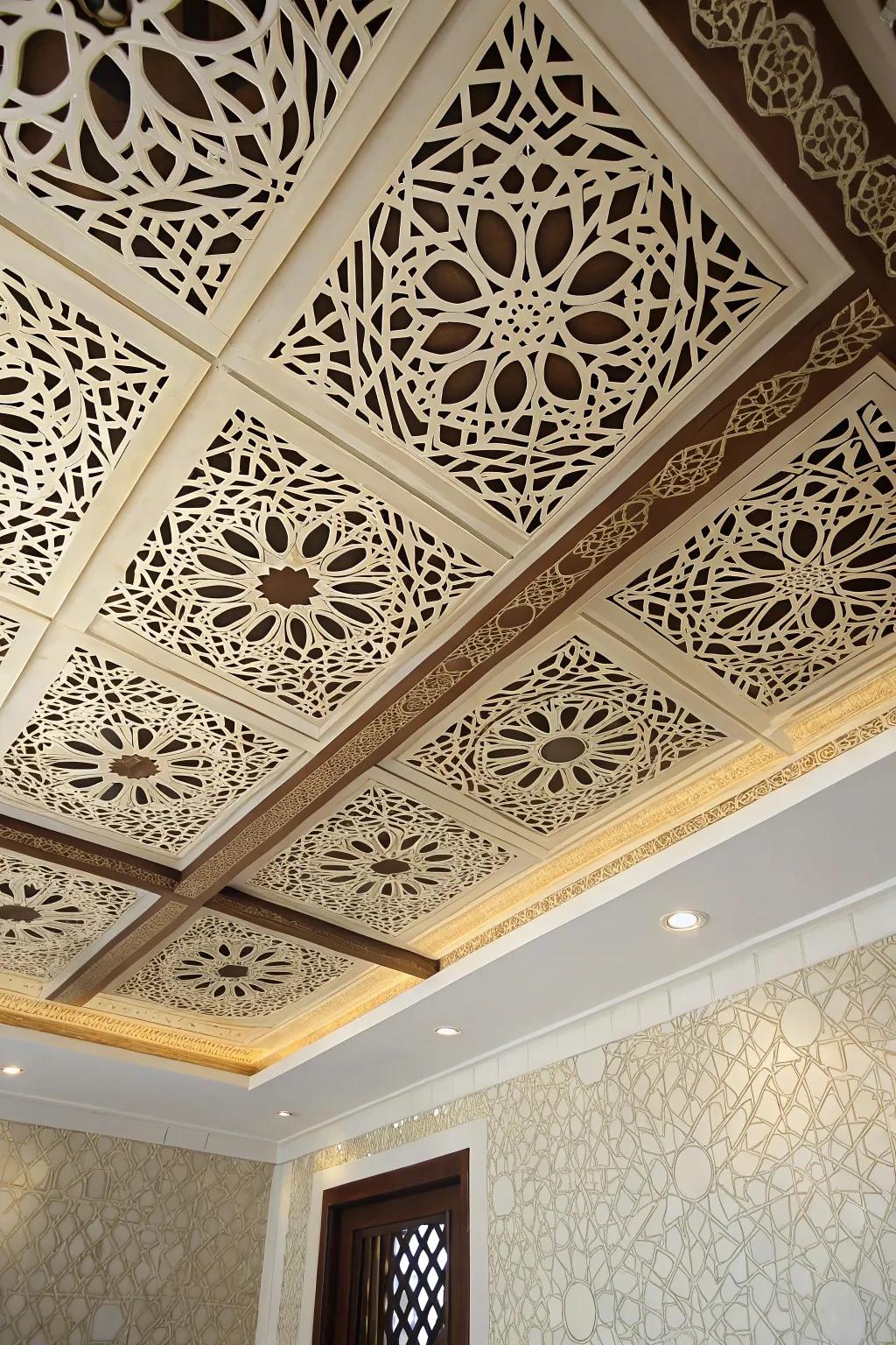 Transform your space with the art of stenciling: Elevate your ceiling with geometric elegance.