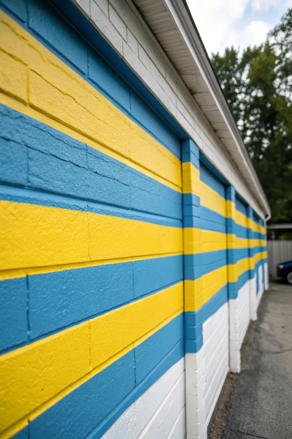 Stripes add dynamic visual interest to garage walls.