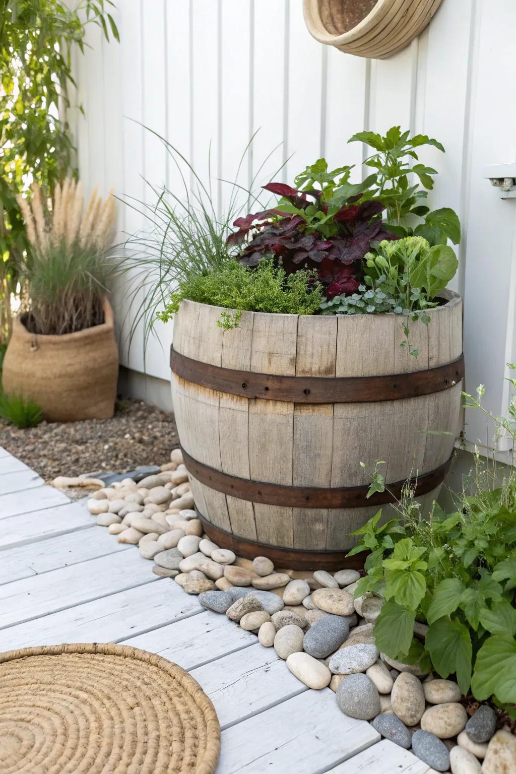 Transform your garden with rustic wine barrel planters—where simplicity meets natural beauty.