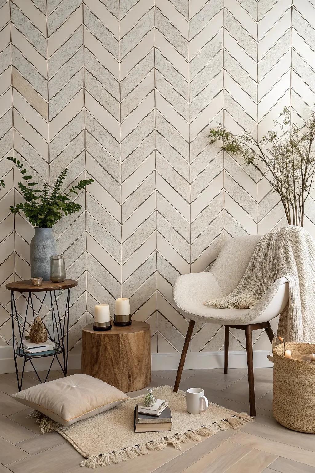 Subtle chevron patterns in neutral tones add an elegant texture to this minimalist space.