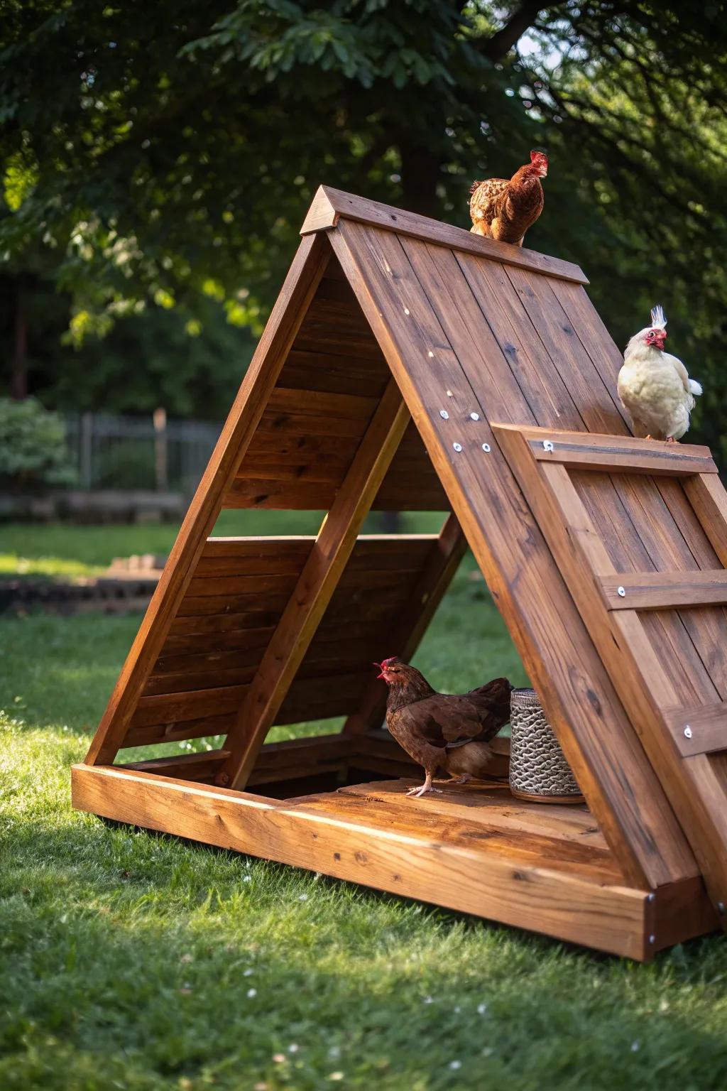 Sturdy elegance: An exquisitely crafted A-frame chicken roost that blends form and function.
