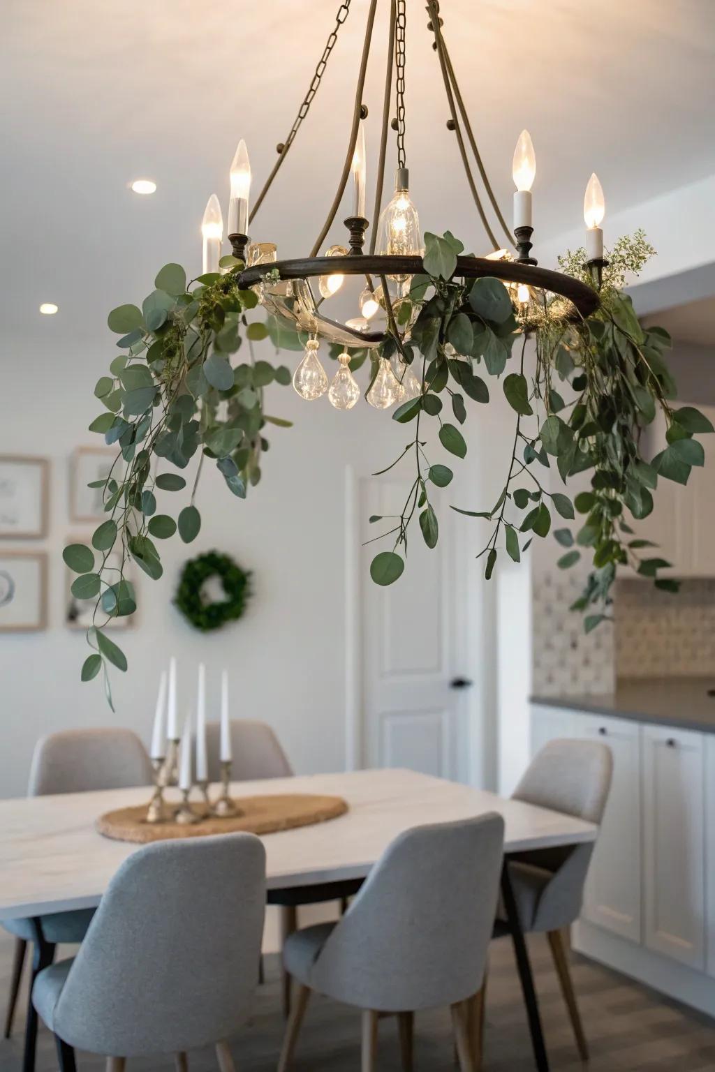 Eucalyptus leaves offer a chic and subtle decoration for chandeliers.
