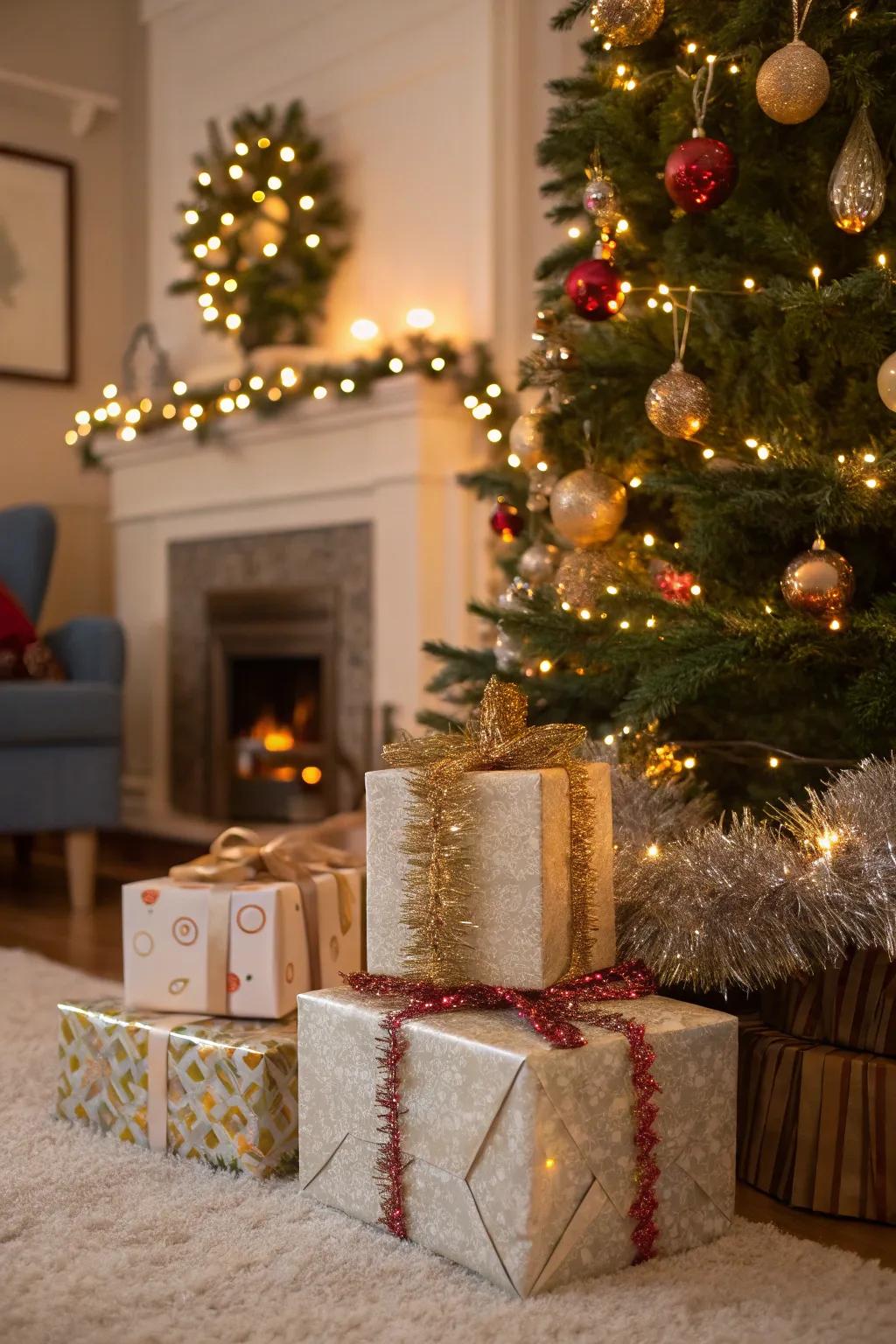 Gifts wrapped with tinsel accents bring an extra touch of festive elegance.
