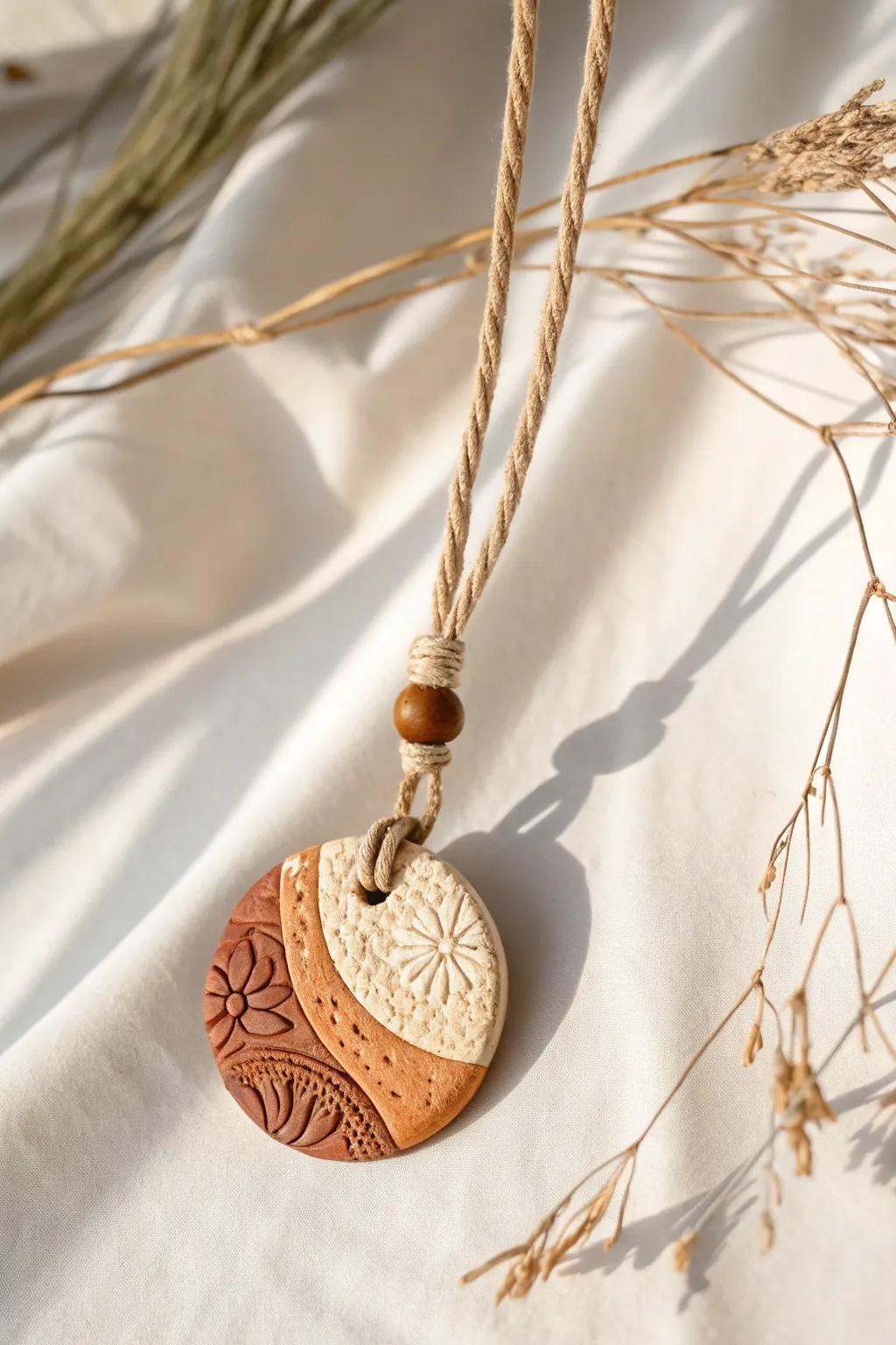 Embrace rustic charm with a handcrafted clay pendant that warms your space with its natural beauty.