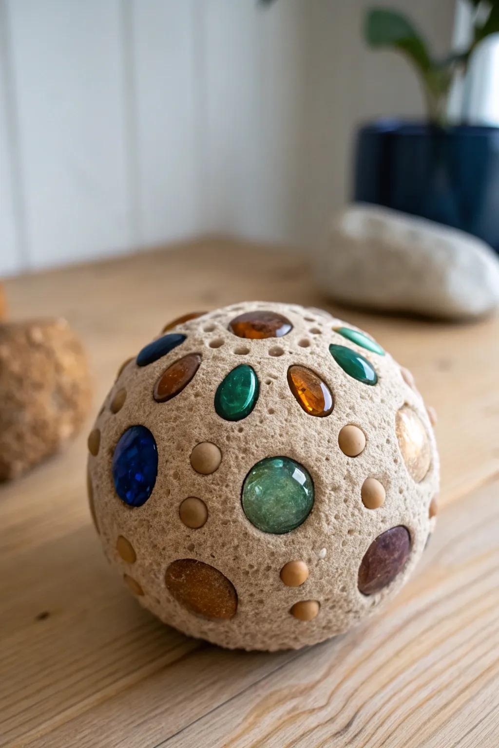 Discover the art of simplicity: a clay sphere adorned with colorful stones for a touch of boho elegance.