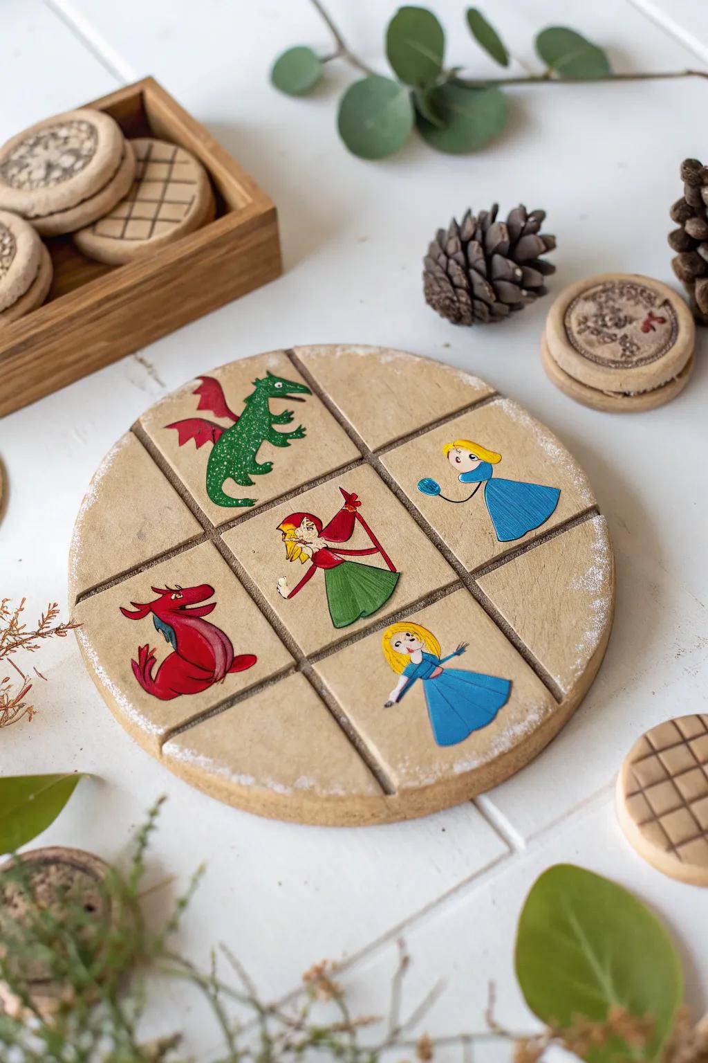 Step into a fairy tale with this enchanting clay tic tac toe board, where dragons and princesses come to life.