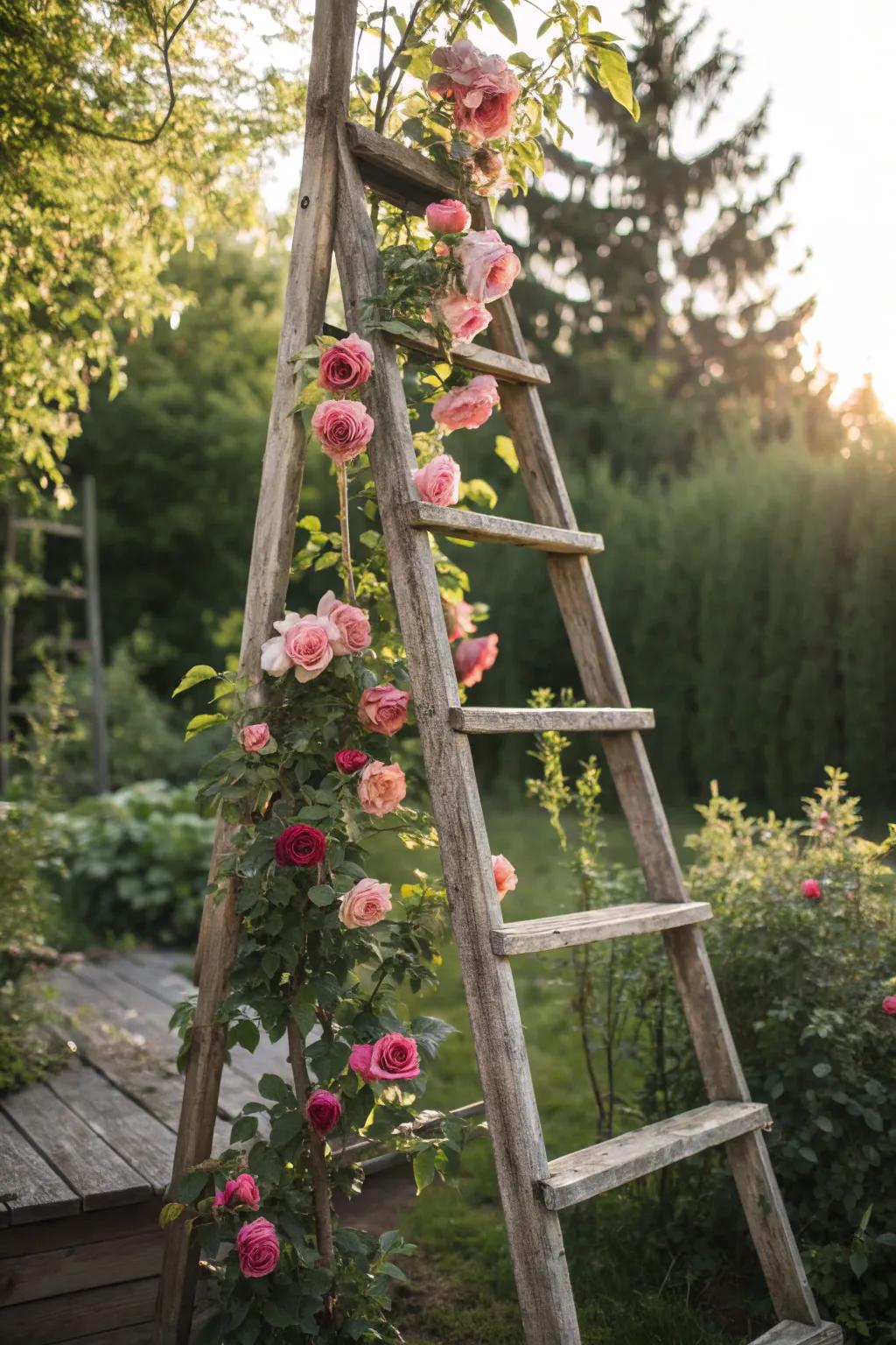 Revive your garden with a touch of charm: Transform an old ladder into a stunning rose trellis!
