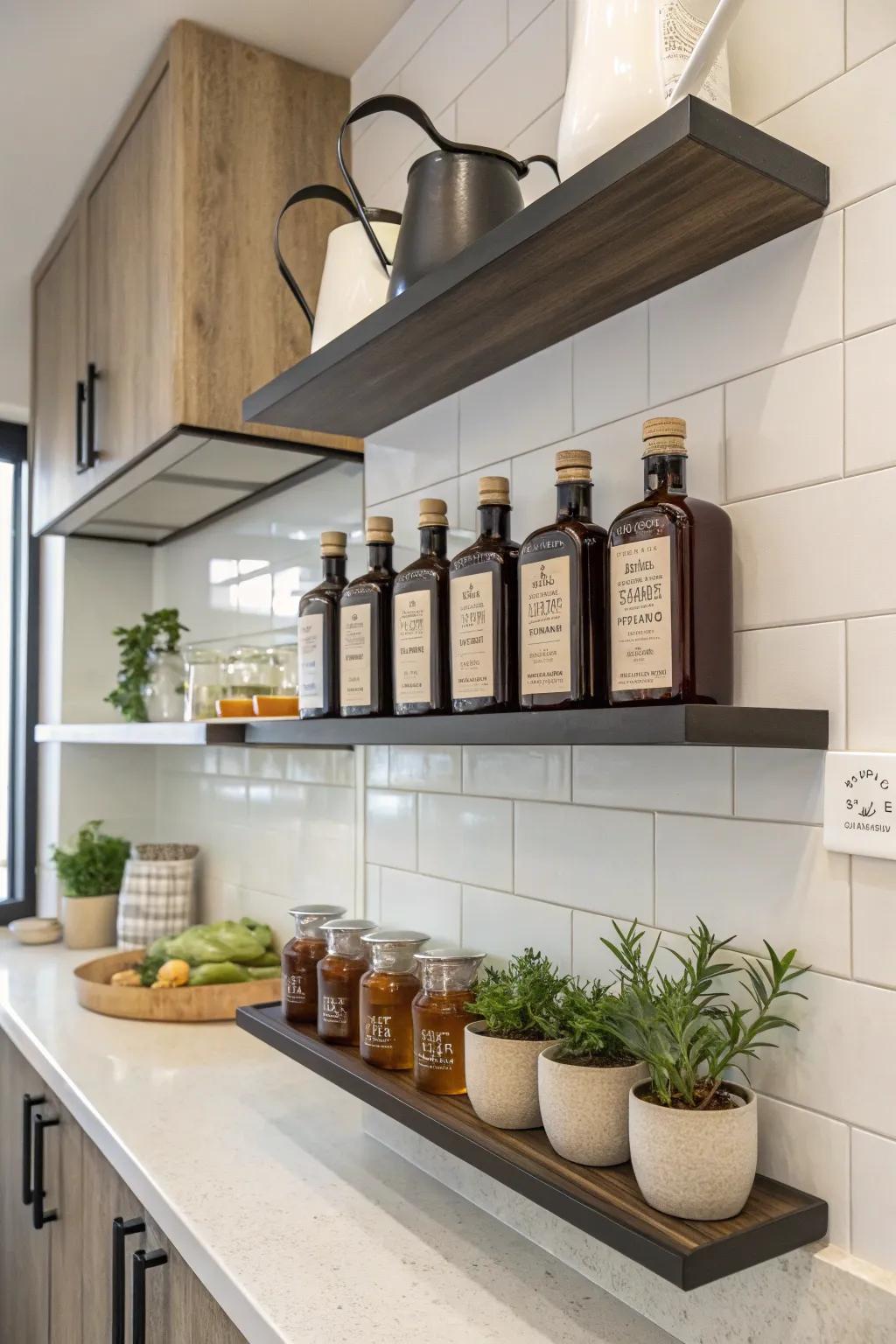 Floating shelves provide extra space for syrups and decor.