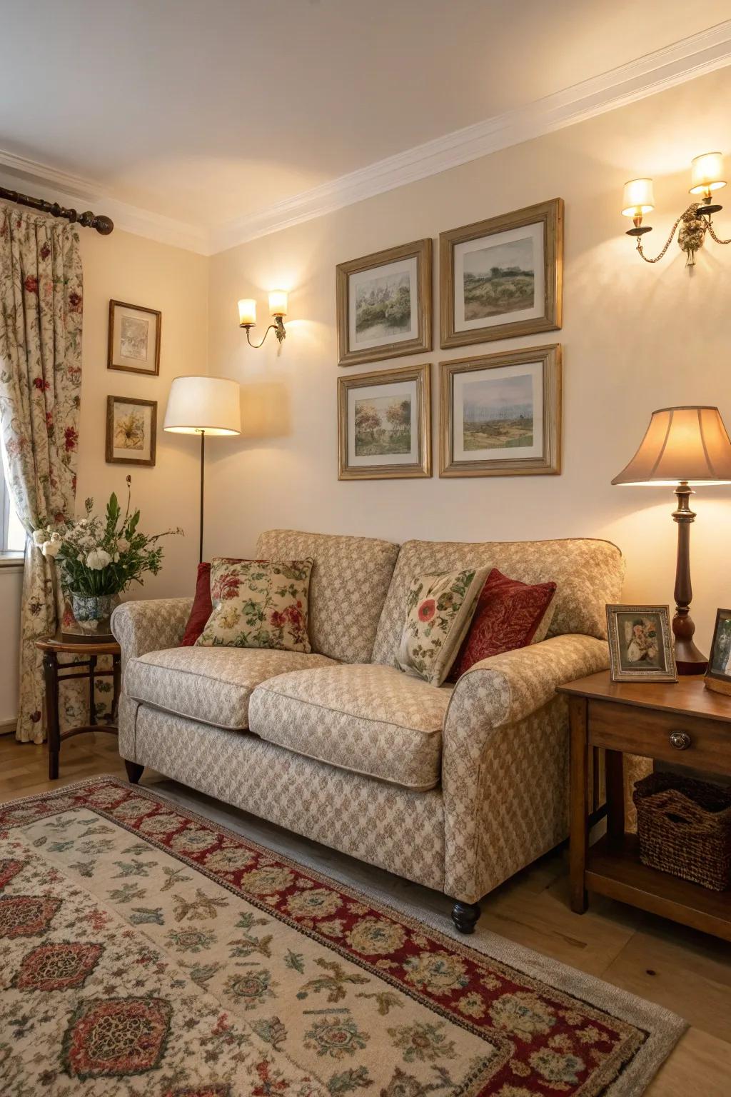 A subtly patterned sofa that enhances small-space design.