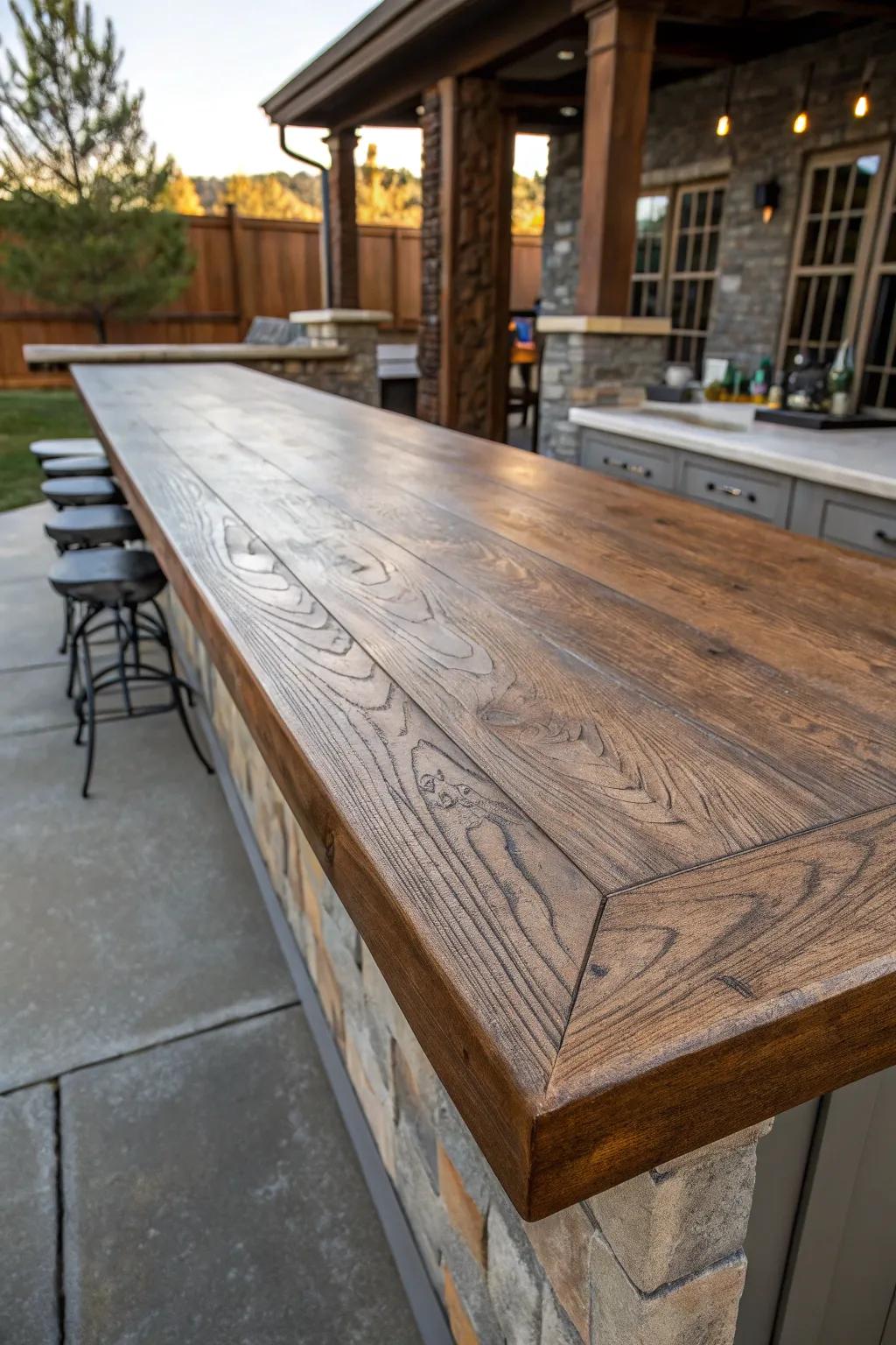 Transform your space with the rustic elegance of a faux wood concrete bar top—where durability meets artistry.