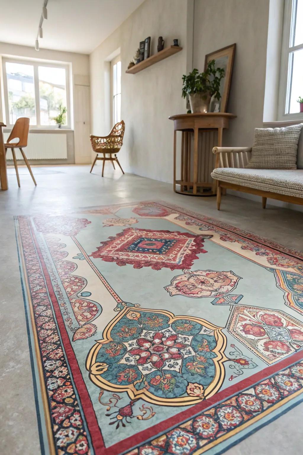 Transform your space with a stunning painted concrete floor that mimics the elegance of a Persian carpet. Perfect for adding warmth and style to any minimalist decor!