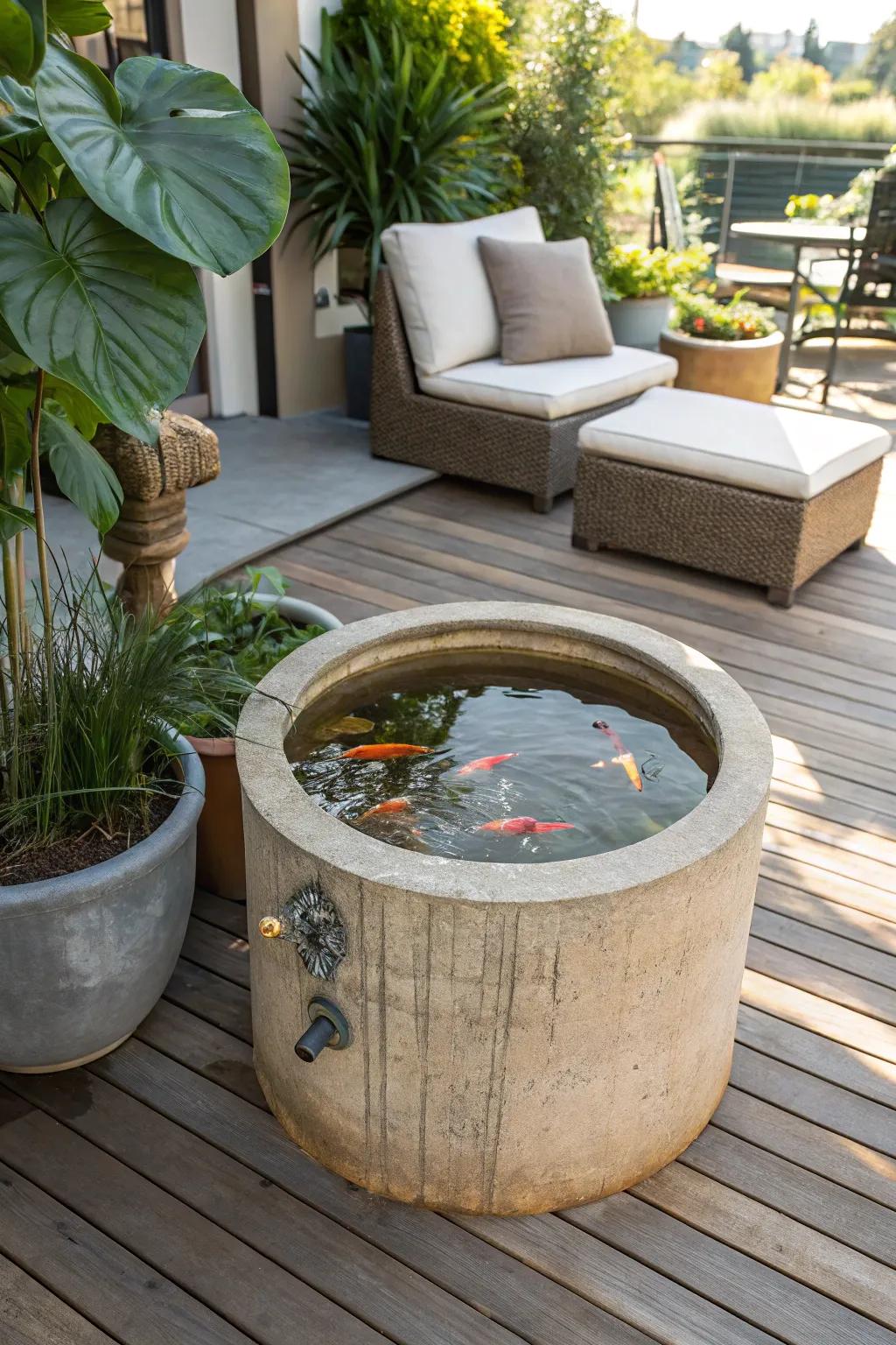 Transform your patio into a serene oasis with a minimalist container fish pond. Perfect for morning coffee moments. #ScandinavianStyle #BohoChic