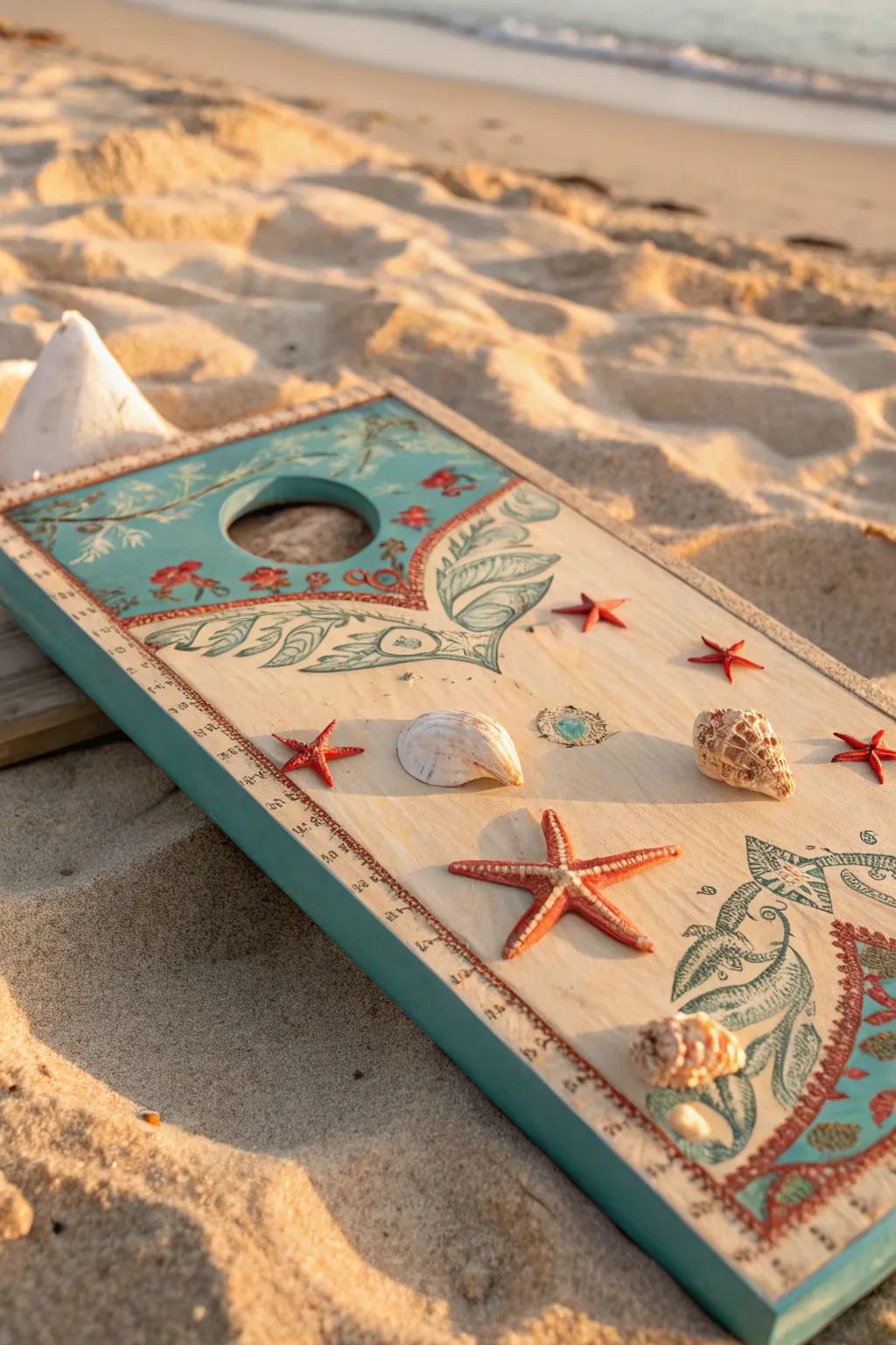 Transform your backyard into a seaside paradise with this expertly crafted beach-themed bean bag board. #BeachVibes #Craftsmanship