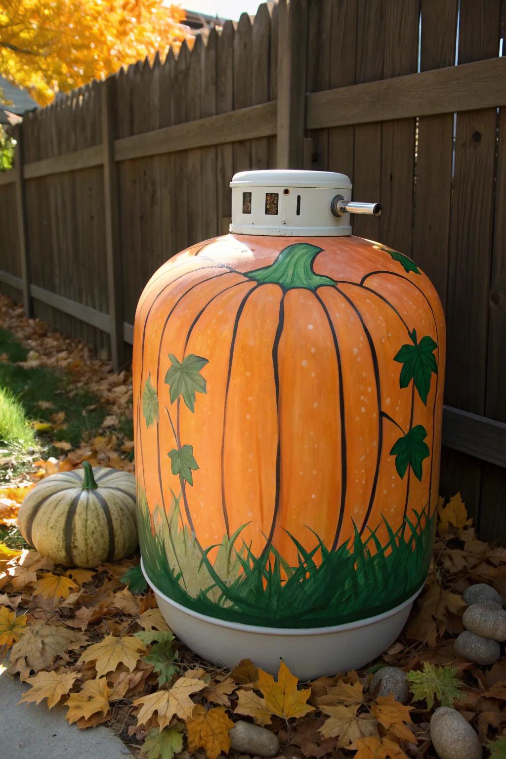 Embrace the spirit of Halloween with this masterfully painted propane tank, transformed into a festive pumpkin!