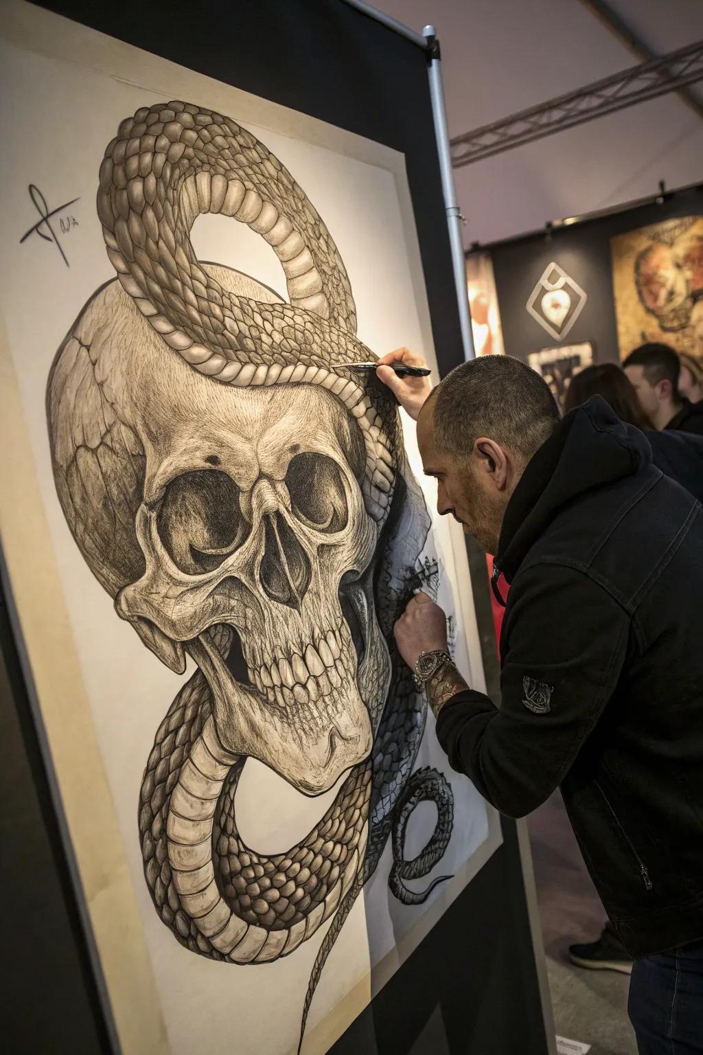 A striking blend of intrigue and artistry: a skull embraced by the slithering elegance of a snake.