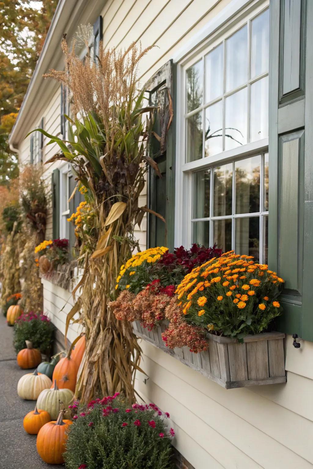 Enhance your home's facade with corn stalks in window boxes.