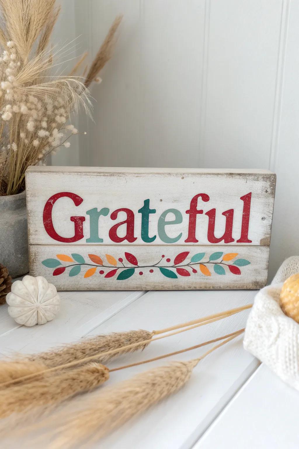 Celebrate Thanksgiving with a touch of rustic charm and vibrant colors. This 'Grateful' sign brings warmth and elegance to any space.
