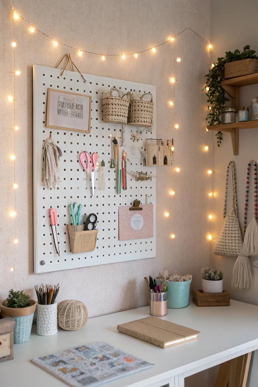 Illuminate your creativity with charming pegboard lighting – a perfect blend of functionality and aesthetic appeal in your craft space. ✨