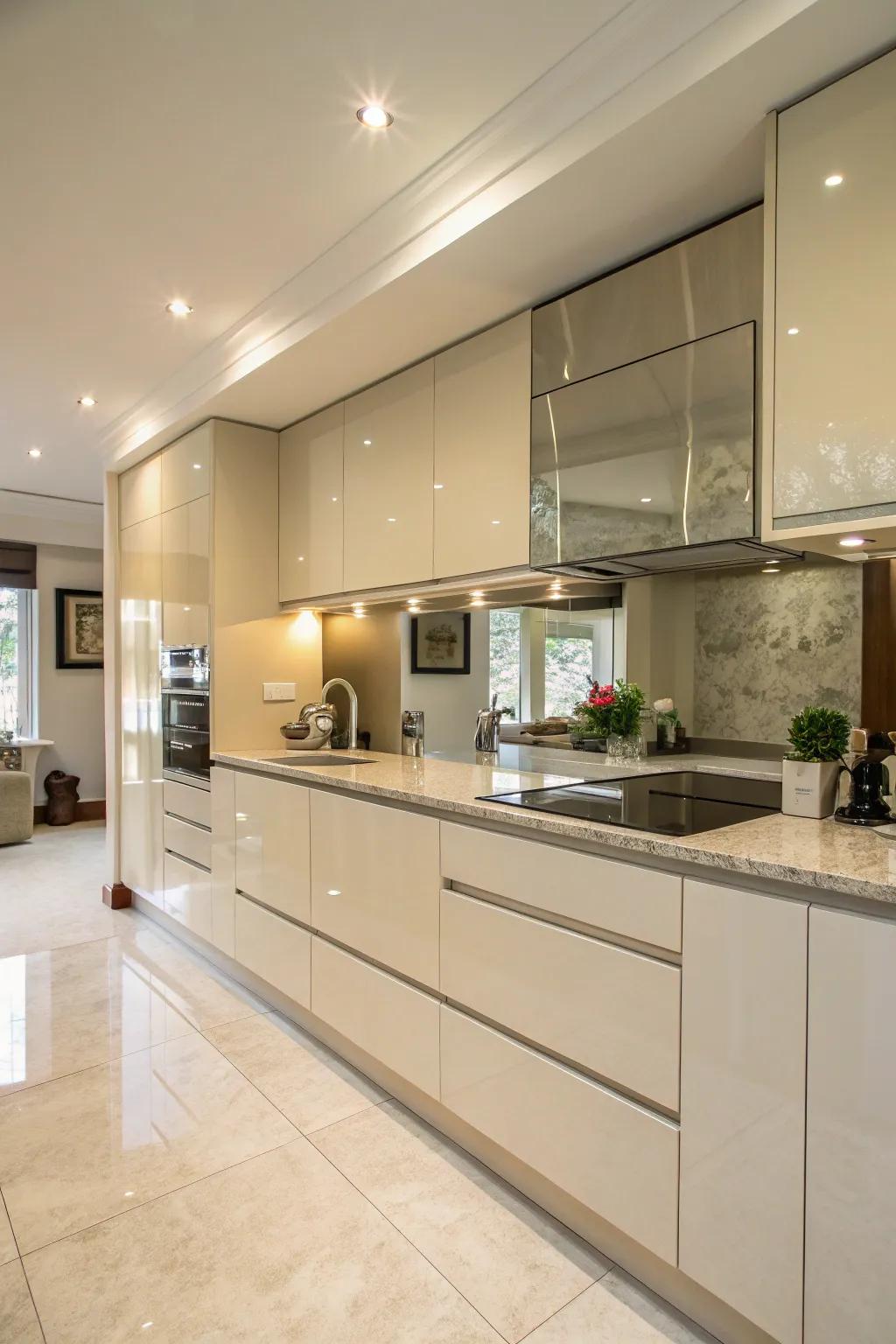 Mirrored accents enhancing light and space in a cream gloss kitchen.