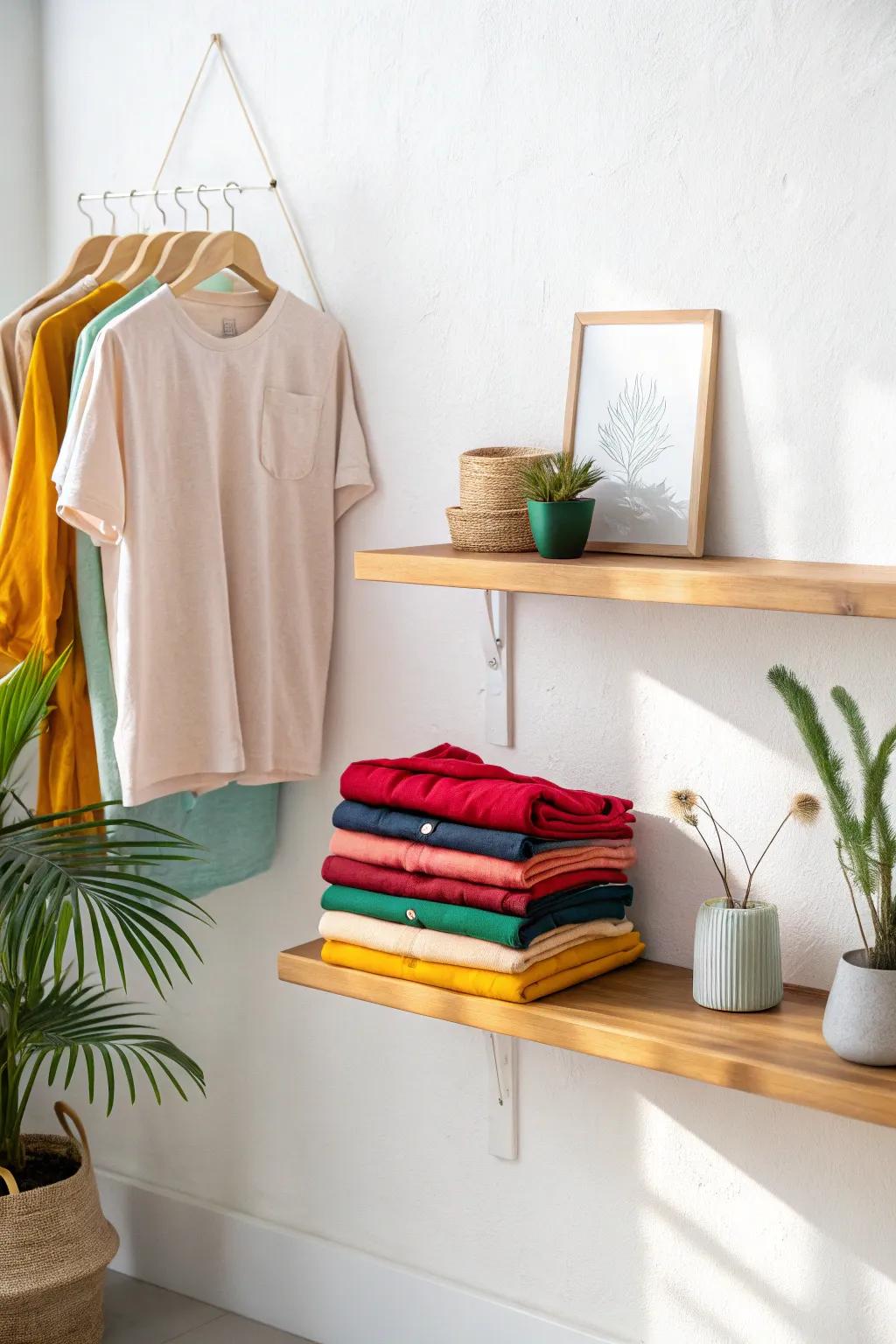 Elevate your wardrobe with minimalist floating shelves – where style meets simplicity.