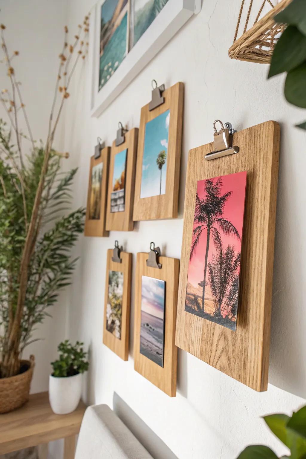 Elevate your space with a touch of industrial-chic charm: showcase your favorite photos on stylish wooden clipboards.