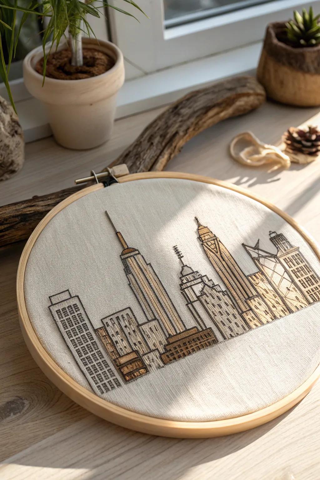 Capture your adventures with the delicate beauty of a cross-stitched city skyline.