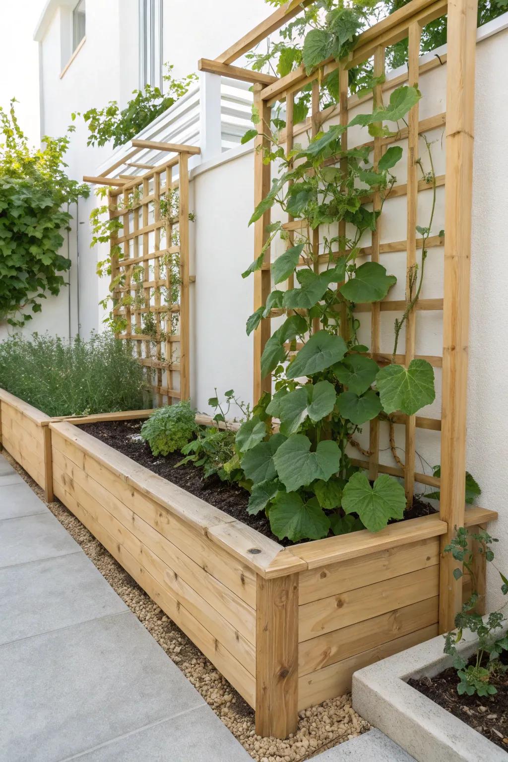 Elevate your garden aesthetics with a stunning raised bed and trellis combo, perfect for organized and natural beauty.