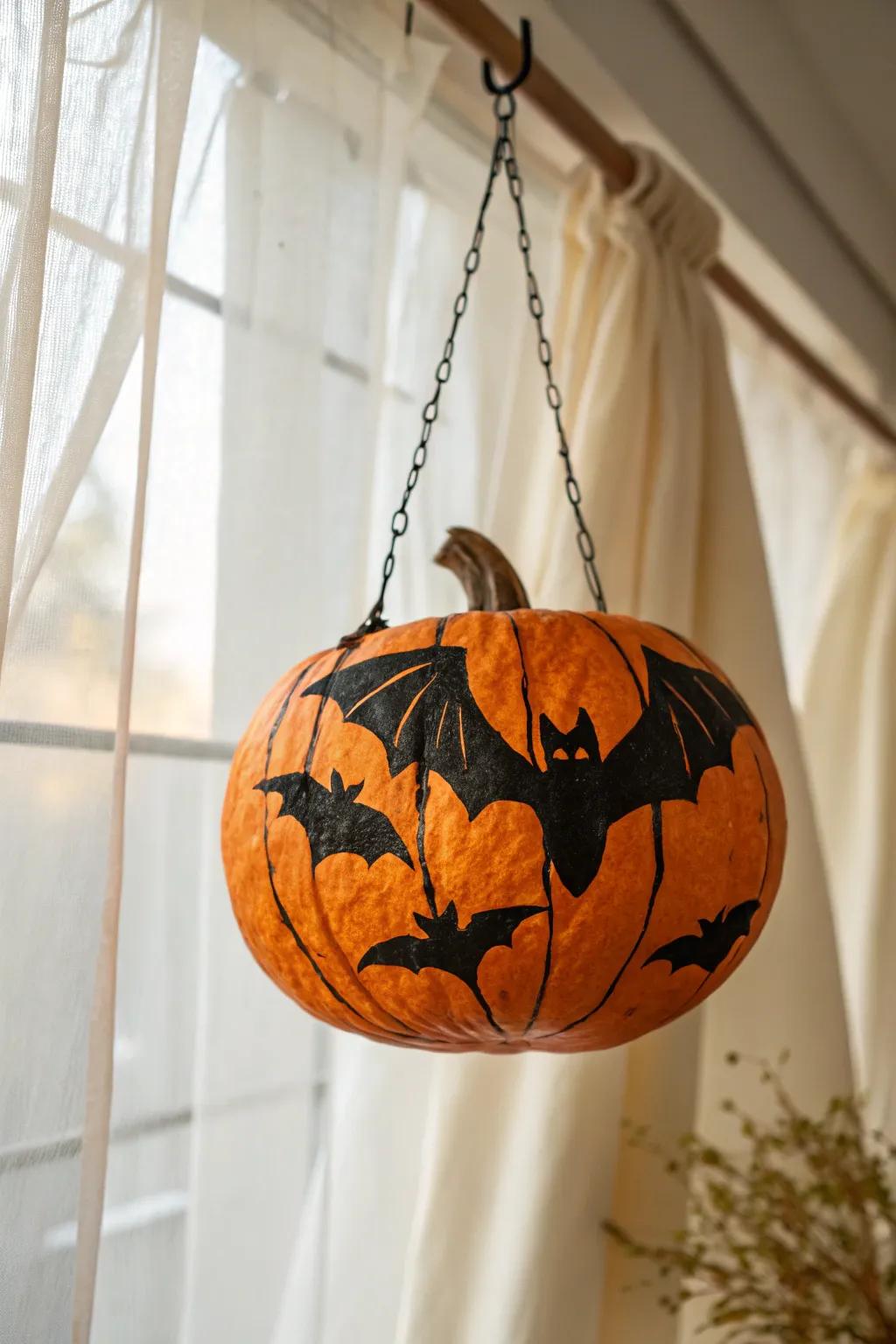 Elevate your Halloween decor with a suspended bat pumpkin — a perfect blend of spooky and chic!