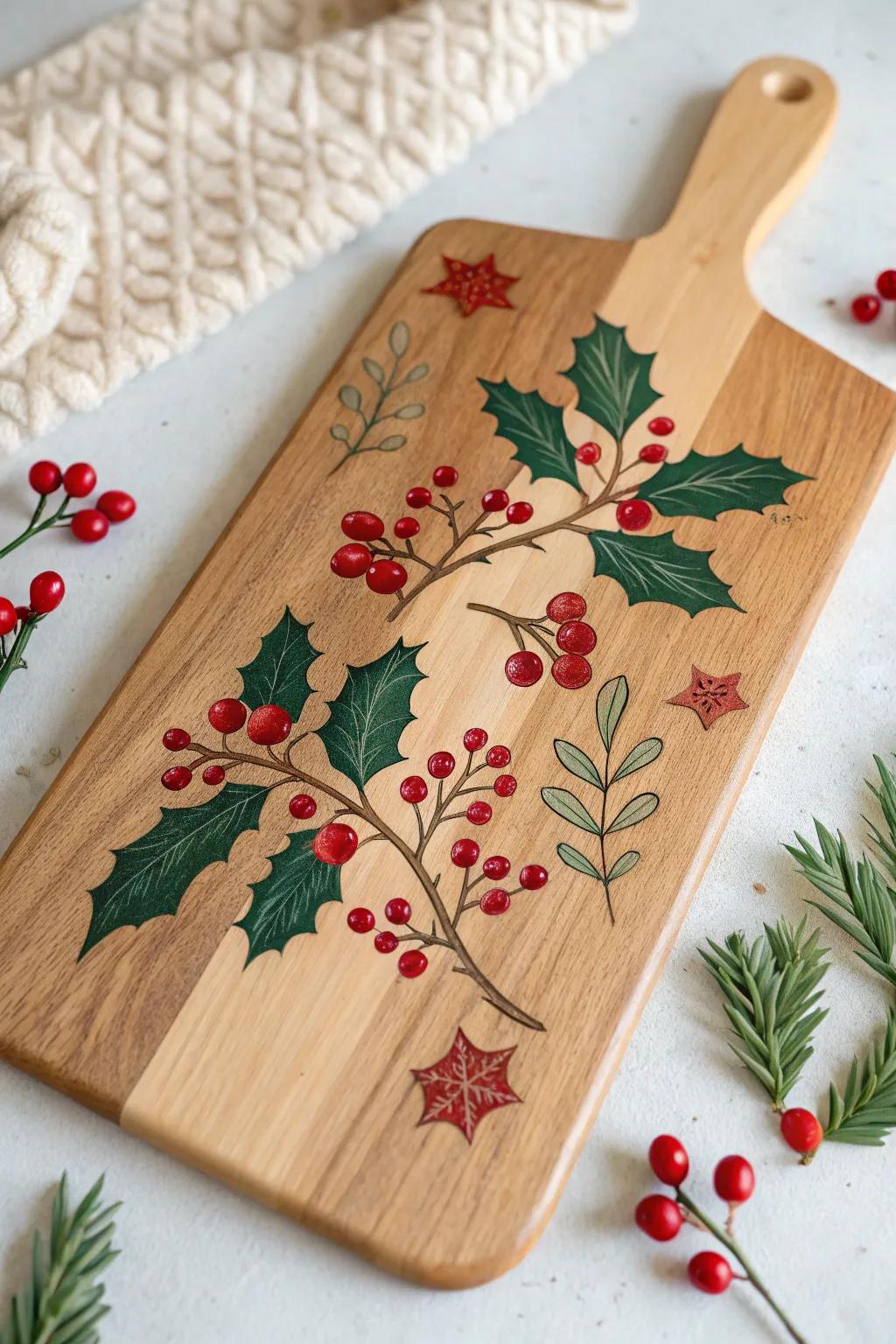 Add a festive flair to your holiday gatherings with this handcrafted holly-themed cheese board.
