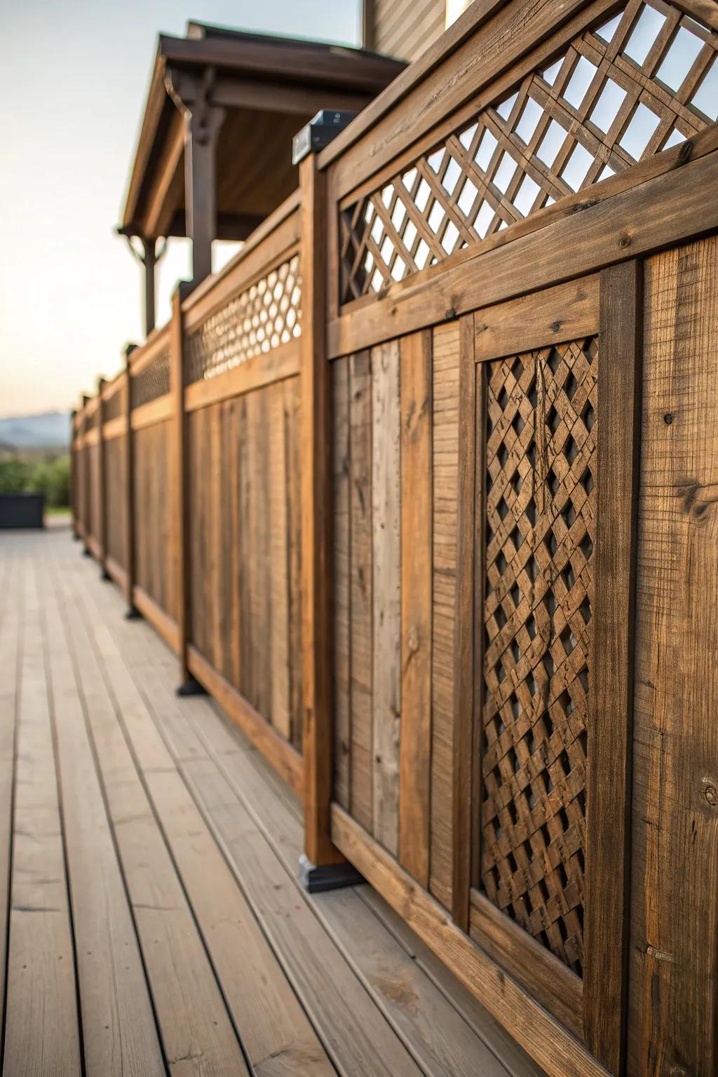 Add timeless charm to your deck with reclaimed wood panels, where every mark tells a story.
