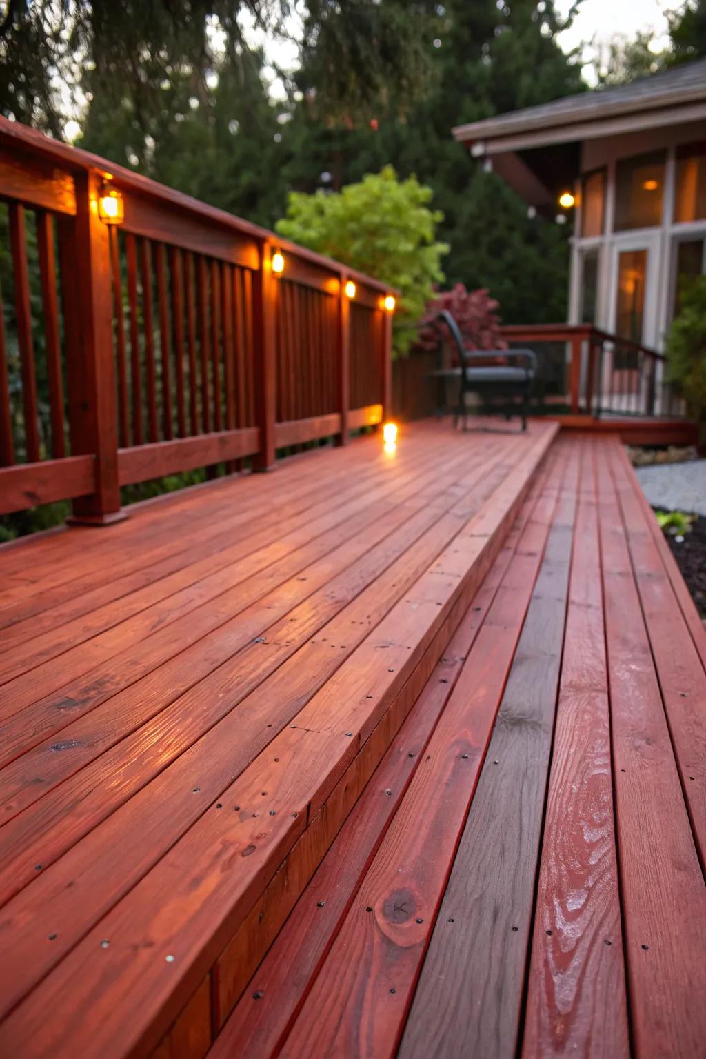 Transform your deck into a vibrant social hub with the warmth of rustic red stains.